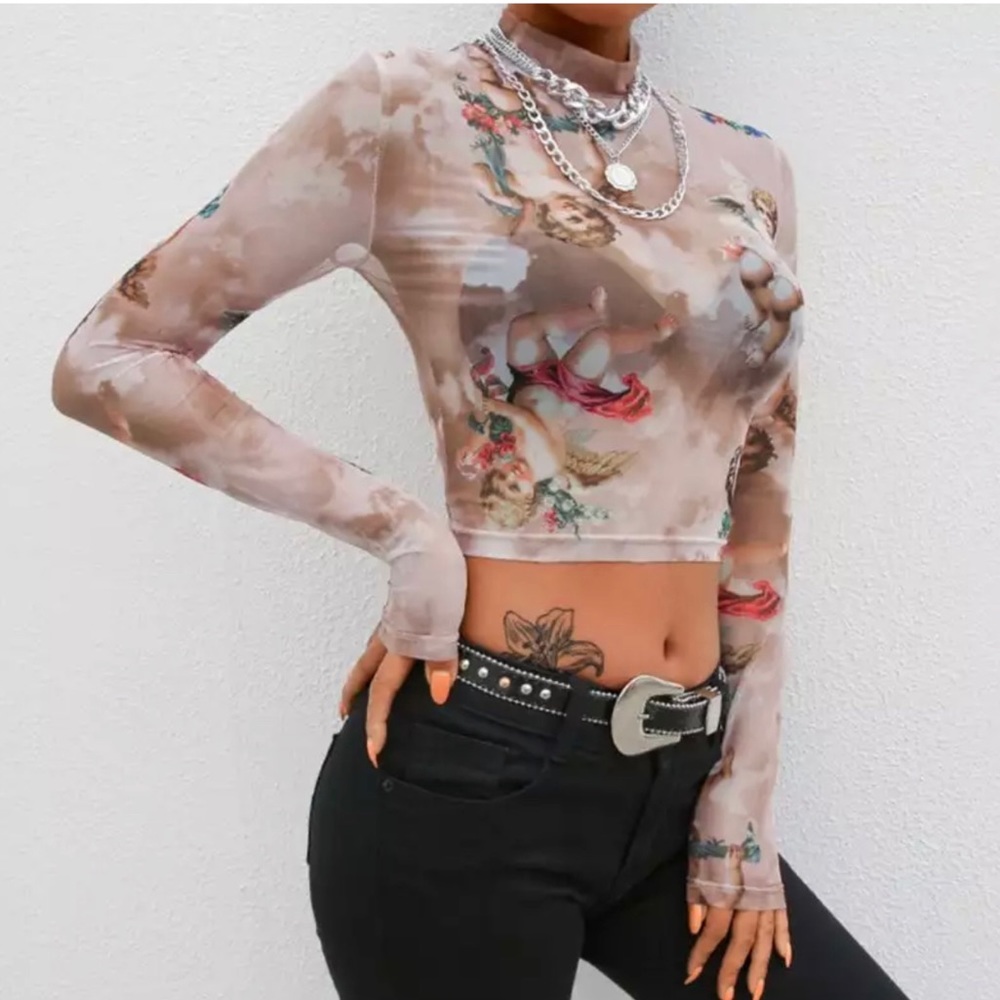 Floral Cherub Long Sleeve Crop Top  ~ Brand New - Picture 9 of 9